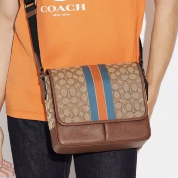 Coach C9366 Thompson Small map bag Jacquard varsity strip leather messenger - Picture 1 of 15